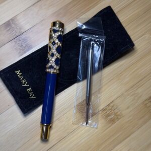 Mary Kay Cobalt Blue Gold Lattice Rhinestone Ballpoint Pen with Pouch & Refill